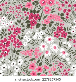 Vintage floral background. Floral pattern with small pink and white flowers on a gray background. Seamless pattern for design and fashion prints. Ditsy style. Stock vector illustration.