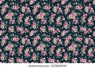 Vintage floral background. Floral pattern with small pink flowers on a dark blue background. Seamless pattern for design and fashion prints. Ditsy style. Stock vector illustration.