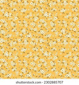 Vintage floral background. Floral pattern with small white flowers on a yellow background. Seamless pattern for design and fashion prints. Ditsy style. Stock vector illustration.