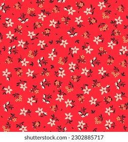 Vintage floral background. Floral pattern with small white and yellow flowers on a red background. Seamless pattern for design and fashion prints. Ditsy style. Stock vector illustration.