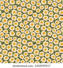 Vintage floral background. Floral pattern with small daisy white flowers on a green background. Seamless pattern for design and fashion prints. Ditsy style. Stock vector illustration.
