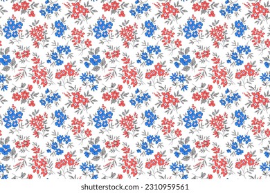 Vintage, floraler Hintergrund. Blumenmuster mit kleinen roten und blauen Blumen auf weißem Hintergrund. Nahtlose Muster für Design- und Modedrucke. Ditsy-Stil. Stock-Vektorgrafik.