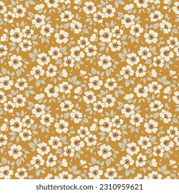 Vintage floral background. Floral pattern with small white flowers on a yellow gold background. Seamless pattern for design and fashion prints. Ditsy style. Stock vector illustration.