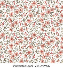 Vintage floral background. Floral pattern with small pink flowers on a white background. Seamless pattern for design and fashion prints. Ditsy style. Stock vector illustration.