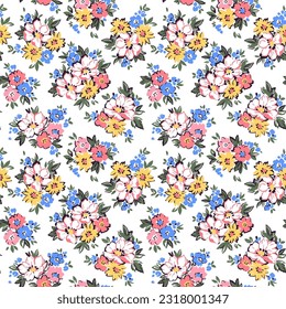 Vintage floral background. Floral pattern with small white, yellow and blue flowers on a white background. Seamless pattern for design and fashion prints. Ditsy style. Stock vector illustration.