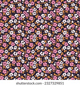 Vintage floral background. Floral pattern with small white and pink flowers on a dark violet background. Seamless pattern for design and fashion prints. Ditsy style. Stock vector illustration.