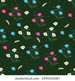 Vintage floral background. Floral pattern with small white flowers on a dark blue background. Seamless pattern for design and fashion prints. Ditsy style. Stock vector illustration