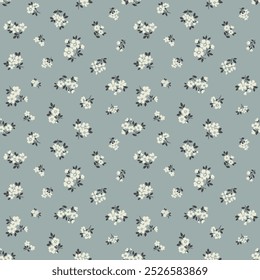 Vintage floraler Hintergrund. Blumenmuster mit kleinen weißen Blumen auf blaugrauem Hintergrund. Nahtloses Muster für Design- und Modedrucke. Ditsy Stil. Stockvektorgrafik.