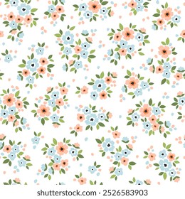 Fundo floral vintage. Padrão floral com pequenas flores azuis e de coral em um fundo branco. Padrão perfeito para impressões de design e moda. Estilo Ditsy. Ilustração do vetor de estoque. 