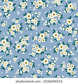 Fundo floral vintage. Padrão floral com pequenas flores brancas sobre um fundo azul claro. Padrão perfeito para impressões de design e moda. Estilo Ditsy. Ilustração do vetor de estoque.