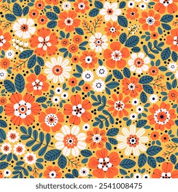 Vintage floral background. Floral pattern with small white and orange color flowers on a light yellow background. Seamless pattern for design and fashion prints. Ditsy style. Stock vector 