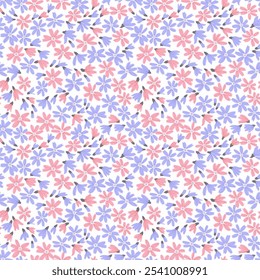 Vintage floraler Hintergrund. Blumenmuster mit kleinen blauen und rosa Kamillenblumen auf weißem Hintergrund. Nahtloses Muster für Design- und Modedrucke. Ditsy Stil. Stockvektorgrafik