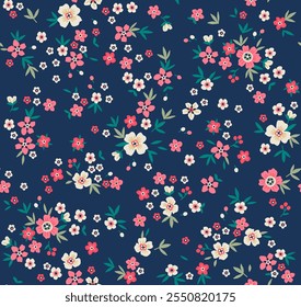 Fundo floral vintage. Padrão floral com pequenas flores brancas e cor-de-rosa sobre um fundo azul escuro. Padrão perfeito para impressões de design e moda. Estilo Ditsy. Ilustração do vetor de estoque.