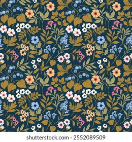 Vintage floral background. Floral pattern with small pastel colorful flowers on a dark blue background. Seamless pattern for design and fashion prints. Liberty style. Stock vector illustration.