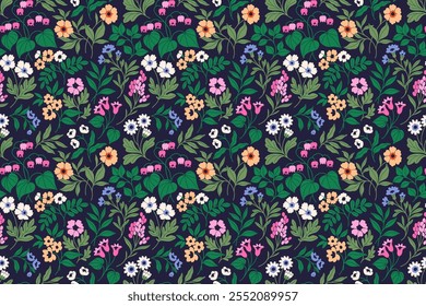 Vintage floral background. Floral pattern with small white and pink flowers on a dark blue background. Seamless pattern for design and fashion prints. Liberty style. Stock vector illustration.