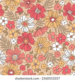 Vintage floral background. Floral pattern with small red and yellow flowers on a ivory beige background. Seamless pattern for design and fashion prints. Ditsy style. Stock vector pattern with daisy.