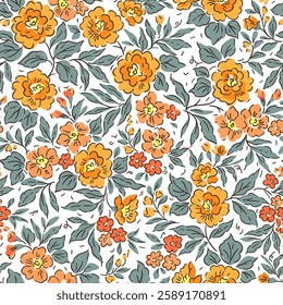 Vintage floral background. Floral pattern with small yellow and orange flowers on a white background. Seamless pattern for design and fashion prints. Ditsy style. Stock vector illustration.
