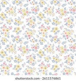 Vintage floral background. Floral pattern with small pastel yellow and pink flowers on a white background. Seamless pattern for design and fashion prints. Ditsy style. Stock vector illustration.