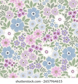 Fundo floral vintage. Padrão floral com pequenas flores azuis, cor-de-rosa e lilás sobre um fundo branco marfim. Padrão perfeito para impressões de design e moda. Estilo Ditsy. Ilustração do vetor de estoque.