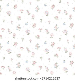 Vintage floral background. Floral pattern with small tiny meadow flowers on a white background. Cute ditsy style. Flower seamless pattern for fashion, texture, fabric, wallpaper, fashion prints.