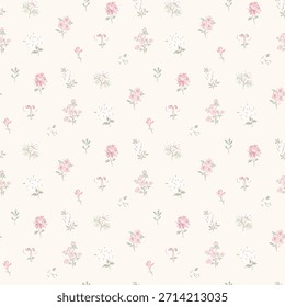 Vintage floral background. Floral pattern with small tiny meadow flowers on a light background. Cute ditsy style. Flower seamless pattern for fashion, texture, fabric, wallpaper, fashion prints. 