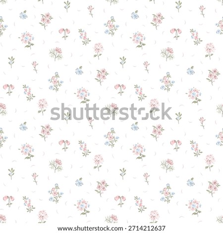 Vintage floral background. Floral pattern with small tiny meadow flowers on a white background. Cute ditsy style. Flower seamless pattern for fashion, texture, fabric, wallpaper, fashion prints.