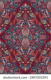 Vintage floral background. Pattern with stylized birds, vase and flowers.