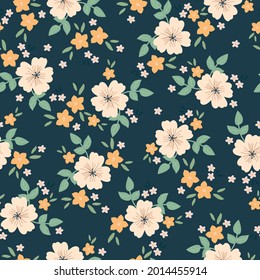 Vintage floral background. Floral pattern with white and small orange flowers on a dark blue background. Seamless pattern for design and fashion prints. Stock vector illustration.