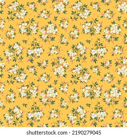 Vintage floral background. Floral pattern with white flowers on a yellow background. Seamless pattern for design and fashion prints. Liberty style. Stock vector illustration.