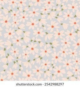 Fondo floral de Antiguas. Patrón floral con flores blancas sobre un fondo gris azul claro. Patrón sin fisuras para el diseño y estampados de moda. Estilo Liberty. Ilustración vectorial de stock.