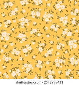 Fundo floral vintage. Padrão floral com flores brancas desenhadas em um fundo amarelo. Padrão perfeito para impressões de design e moda. Estilo Ditsy. Ilustração do vetor de estoque.