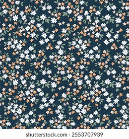 Vintage floral background. Floral pattern with white and orange flowers on a dark blue background. Seamless pattern for design and fashion prints. Ditsy style. Stock vector illustration.