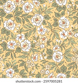 Vintage floral background. Floral pattern with white flowers on a pale yellow background. Seamless pattern for design and fashion prints. Ditsy style. Stock vector illustration. Hand drawn vintage