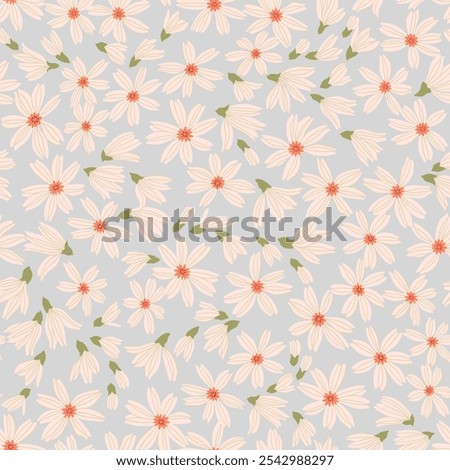 Vintage floral background. Floral pattern with white flowers on a light blue gray background. Seamless pattern for design and fashion prints. Liberty style. Stock vector illustration.