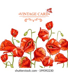 Vintage Floral Background with Poppies Invitation Card Design with Poppy. Vector Design element. 