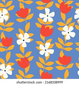 Vintage floral background. Retro botanical seamless pattern. Colorful vector print for fabric, paper, any surface with modern simple shaped flowers. Mid century art style