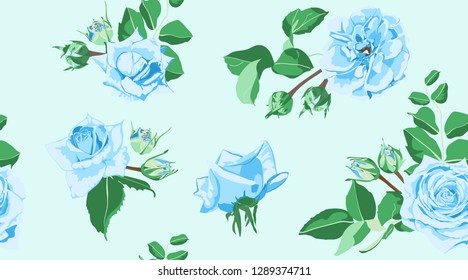 Vintage Floral Background, Roses Bouquet in Watercolor Style. Rustic Design, Wedding Decoration, Invitation. Seamless Vintage Floral Pattern with Drawing Green Leaf. Spring Floral Pastel illustration.