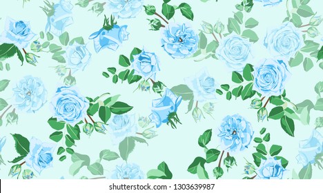 Vintage Floral Background, Roses Bouquet in Watercolor Style. Rustic Design, Wedding Decoration, Invitation. Seamless Vintage Floral Pattern with Drawing Green Leaf. Spring Floral Pastel illustration.