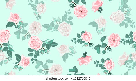 Vintage Floral Background, Roses Bouquet in Watercolor Style. Rustic Design, Wedding Decoration, Invitation. Seamless Vintage Floral Pattern with Drawing Green Leaf. Spring Floral Pastel illustration.