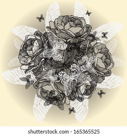 Vintage floral background of roses, butterflies, hand-drawing. Vector illustration.