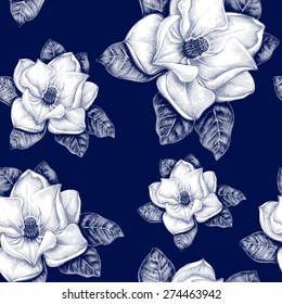 Vintage floral background. Seamless pattern with garden flowers. Magnolia. Vector. Victorian style. Black and white.