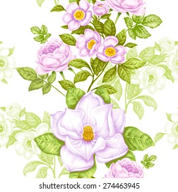 Vintage floral background. Seamless pattern with garden flowers. Magnolia, roses, pansies, peony. Vector. Victorian style.