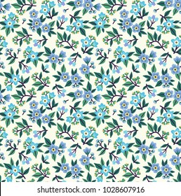 Vintage floral background. Seamless vector pattern for design and fashion prints. Flowers pattern with small blue flowers on a white background. Ditsy style. 