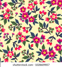 Vintage floral background. Seamless vector pattern for design and fashion prints. Flowers pattern with small pink flowers on a white background. Ditsy style. 