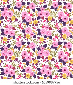Vintage floral background. Seamless vector pattern for design and fashion prints. Flowers pattern with small yellow and pink flowers on a white background. Ditsy style. 