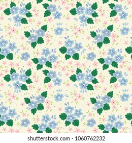 Vintage floral background. Seamless vector pattern for design and fashion prints. Flowers pattern with small pale blue flowers on a white background. Ditsy style.