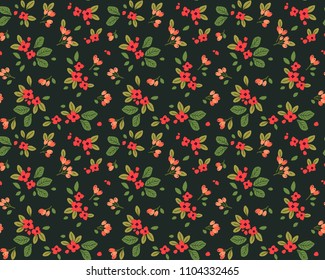 Vintage floral background. Seamless vector pattern for design and fashion prints. Flowers pattern with small red flowers on a dark green background. Ditsy style. 