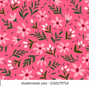 Vintage floraler Hintergrund. Nahtloses Vektormuster für Design und Modedruck. Blumen-Muster mit kleinen hellrosa Blumen auf rosafarbenem Hintergrund. Ditsy Stil. 