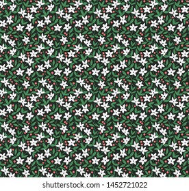Vintage floral background. Seamless vector pattern for design and fashion prints. Flowers pattern with small white flowers on a dark green background. Ditsy style.