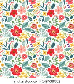 Vintage floral background. Seamless vector pattern for design and fashion prints. Flowers pattern with small colorful flowers on a white background. Ditsy style.